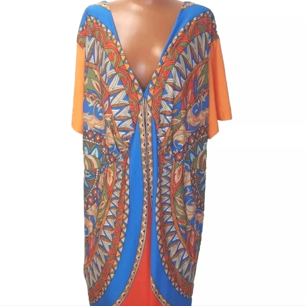 Ashley Stewart Tribal Midi Dress Woman Plus 34W 36W Orange Geometric Tribal New